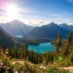 A breathtakingly beautiful scene featuring a stunning landscape encompassing majestic mountains, serene lakes, and lush greenery under a radiant sky