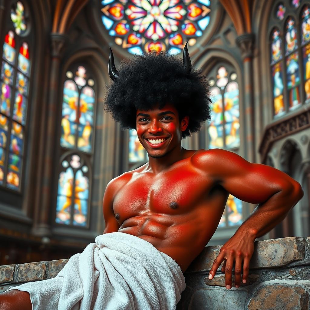 In the ornate interior of a medieval church, a handsome red devil man is depicted relaxing against a stone wall