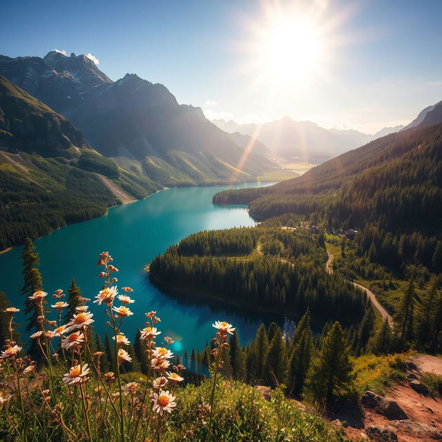 A breathtakingly beautiful scene featuring a stunning landscape encompassing majestic mountains, serene lakes, and lush greenery under a radiant sky