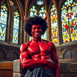 In the ornate interior of a medieval church, a handsome red devil man is depicted relaxing against a stone wall