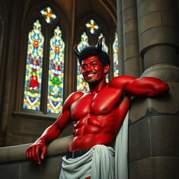 In the ornate interior of a medieval church, a handsome red devil man is depicted relaxing against a stone wall