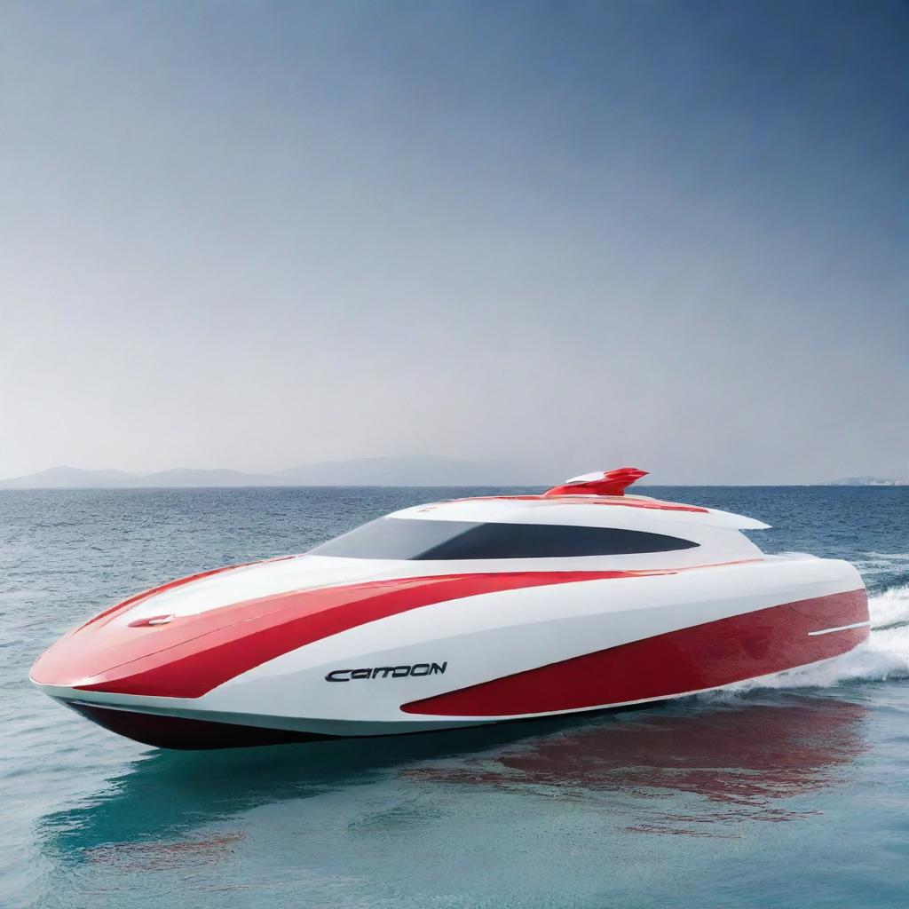 An avant-garde and chic speed boat design that incorporates the unique design aesthetics, colors, and logo of a Citroen car