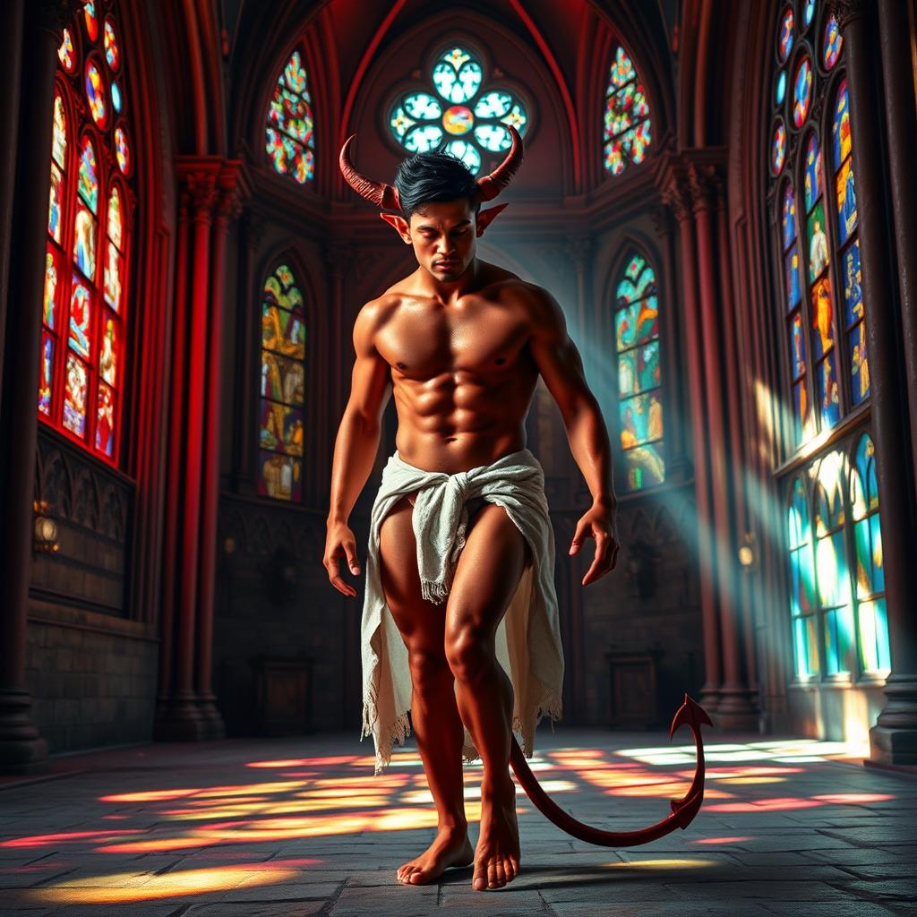 Inside the grand setting of a medieval church, a handsome red devil man is depicted with striking black hair