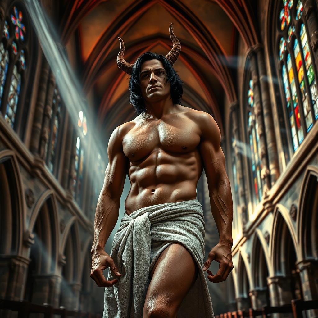 Inside the grandeur of a medieval church, a handsome red devil man with medium-length black hair is depicted in a dramatic scene