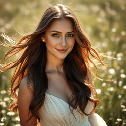 A portrait of a captivatingly beautiful woman with long flowing hair, enchanting eyes, and a gentle smile