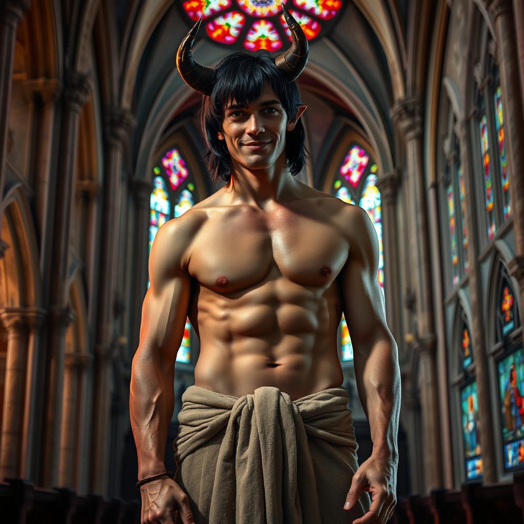 Within the magnificent interior of a medieval church, a handsome red devil man is portrayed with medium-length black hair