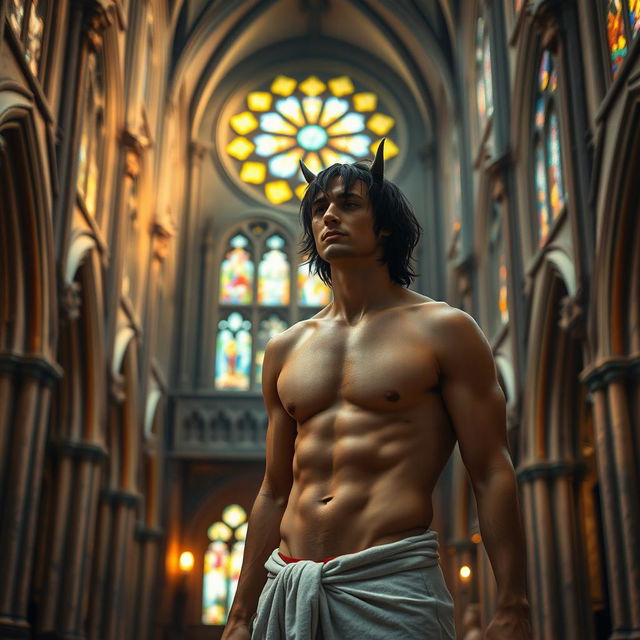 Within the magnificent interior of a medieval church, a handsome red devil man is portrayed with medium-length black hair