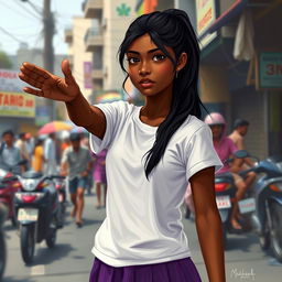 A young Indian woman with dark skin and long black hair tied in a ponytail, dressed in a short-sleeved white t-shirt and a purple skirt, standing barefoot on the streets of an Indian city, reaching out with her right hand as if begging