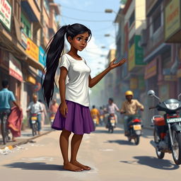 A young Indian woman with dark skin and long black hair tied in a ponytail, dressed in a short-sleeved white t-shirt and a purple skirt, standing barefoot on the streets of an Indian city, reaching out with her right hand as if begging