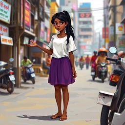 A young Indian woman with dark skin and long black hair tied in a ponytail, dressed in a short-sleeved white t-shirt and a purple skirt, standing barefoot on the streets of an Indian city, reaching out with her right hand as if begging