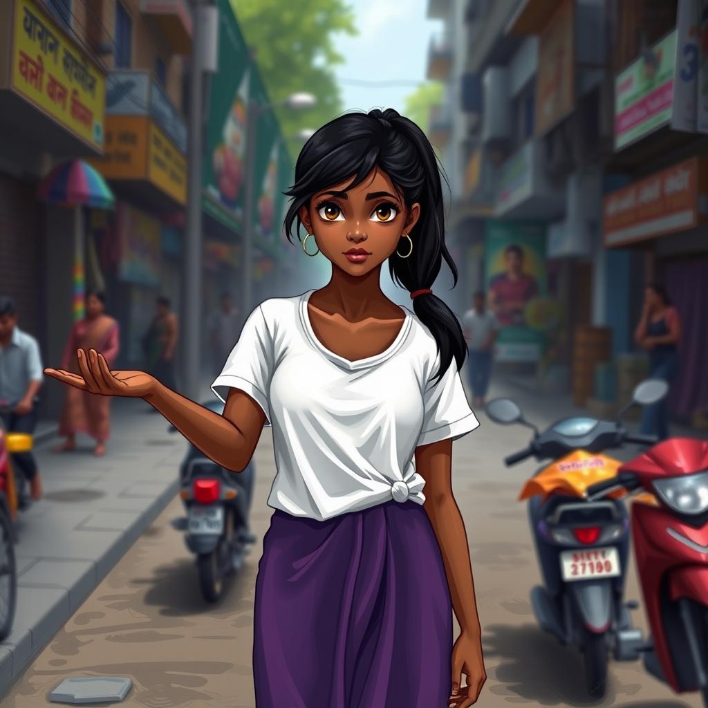 A young Indian woman with dark skin and long black hair tied in a ponytail, dressed in a short-sleeved white t-shirt and a purple skirt, standing barefoot on the streets of an Indian city, reaching out with her right hand as if begging