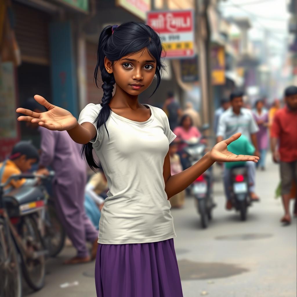 An 18-year-old Indian girl with dark skin, long black hair tied in a ponytail, wearing a short-sleeved white t-shirt that exposes her navel, a long purple skirt, and barefoot