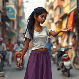 An 18-year-old Indian girl with dark skin, long black hair tied in a ponytail, wearing a short-sleeved white t-shirt that exposes her navel, a long purple skirt, and barefoot