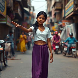 An 18-year-old Indian girl with dark skin, long black hair tied in a ponytail, wearing a short-sleeved white t-shirt that exposes her navel, a long purple skirt, and barefoot