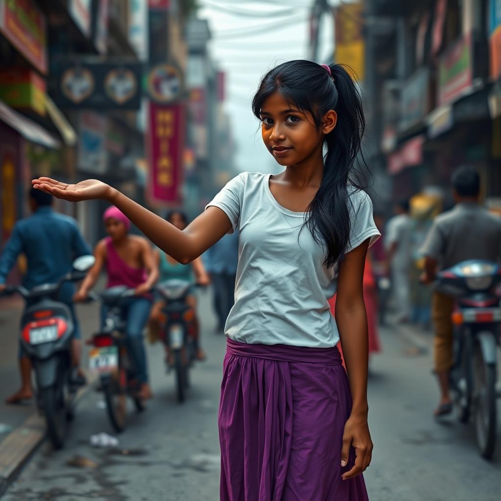 An 18-year-old Indian girl with dark skin, long black hair tied in a ponytail, wearing a short-sleeved white t-shirt that exposes her navel, a long purple skirt, and barefoot