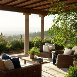 A sunlit terrace featuring a cozy sitting area with comfortable furniture, lush potted plants and a panoramic view of the surrounding landscape.