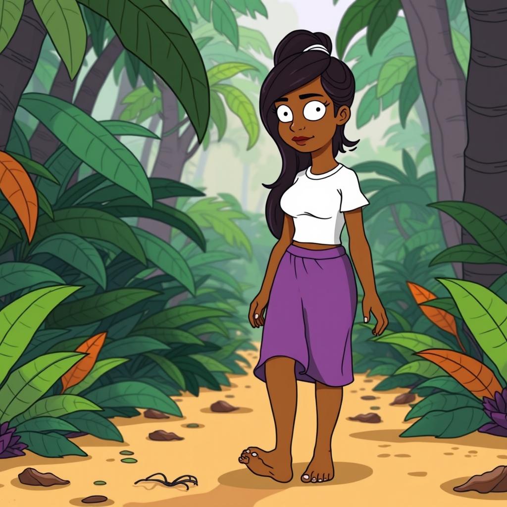 An Indian girl walking through a jungle, featuring dark skin, long hair tied in a ponytail, wearing a tight short-sleeved white t-shirt and a long purple skirt, barefoot