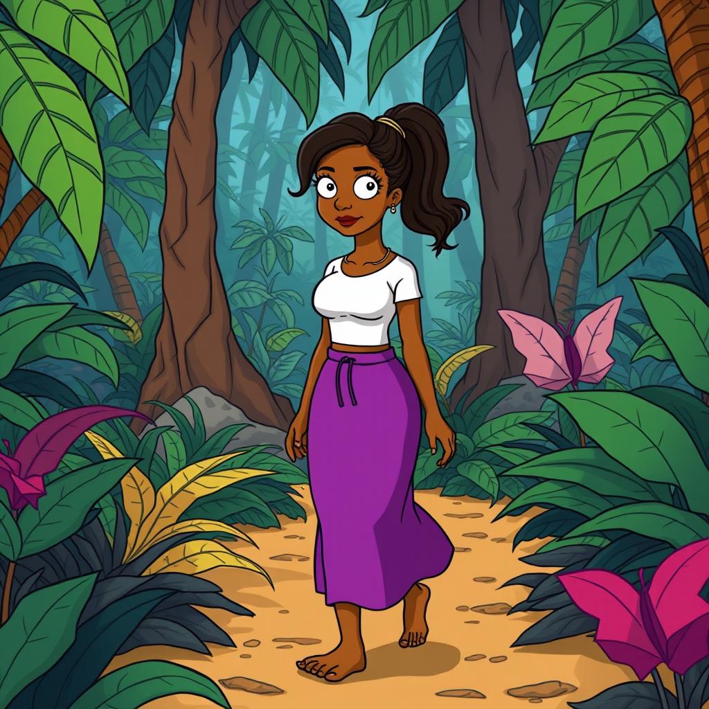 An Indian girl walking through a jungle, featuring dark skin, long hair tied in a ponytail, wearing a tight short-sleeved white t-shirt and a long purple skirt, barefoot