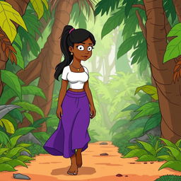 An Indian girl walking through a jungle, featuring dark skin, long hair tied in a ponytail, wearing a tight short-sleeved white t-shirt and a long purple skirt, barefoot