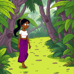 An Indian girl walking through a jungle, featuring dark skin, long hair tied in a ponytail, wearing a tight short-sleeved white t-shirt and a long purple skirt, barefoot