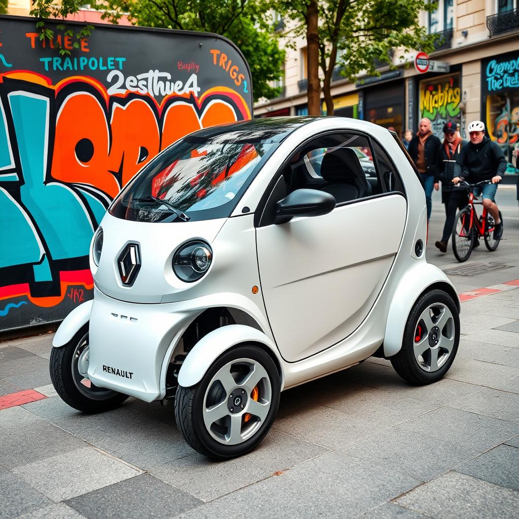 A sleek and modern Renault Twizy parked in a vibrant urban setting surrounded by colorful street art