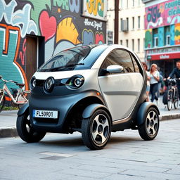 A sleek and modern Renault Twizy parked in a vibrant urban setting surrounded by colorful street art