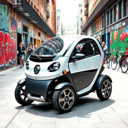 A sleek and modern Renault Twizy parked in a vibrant urban setting surrounded by colorful street art