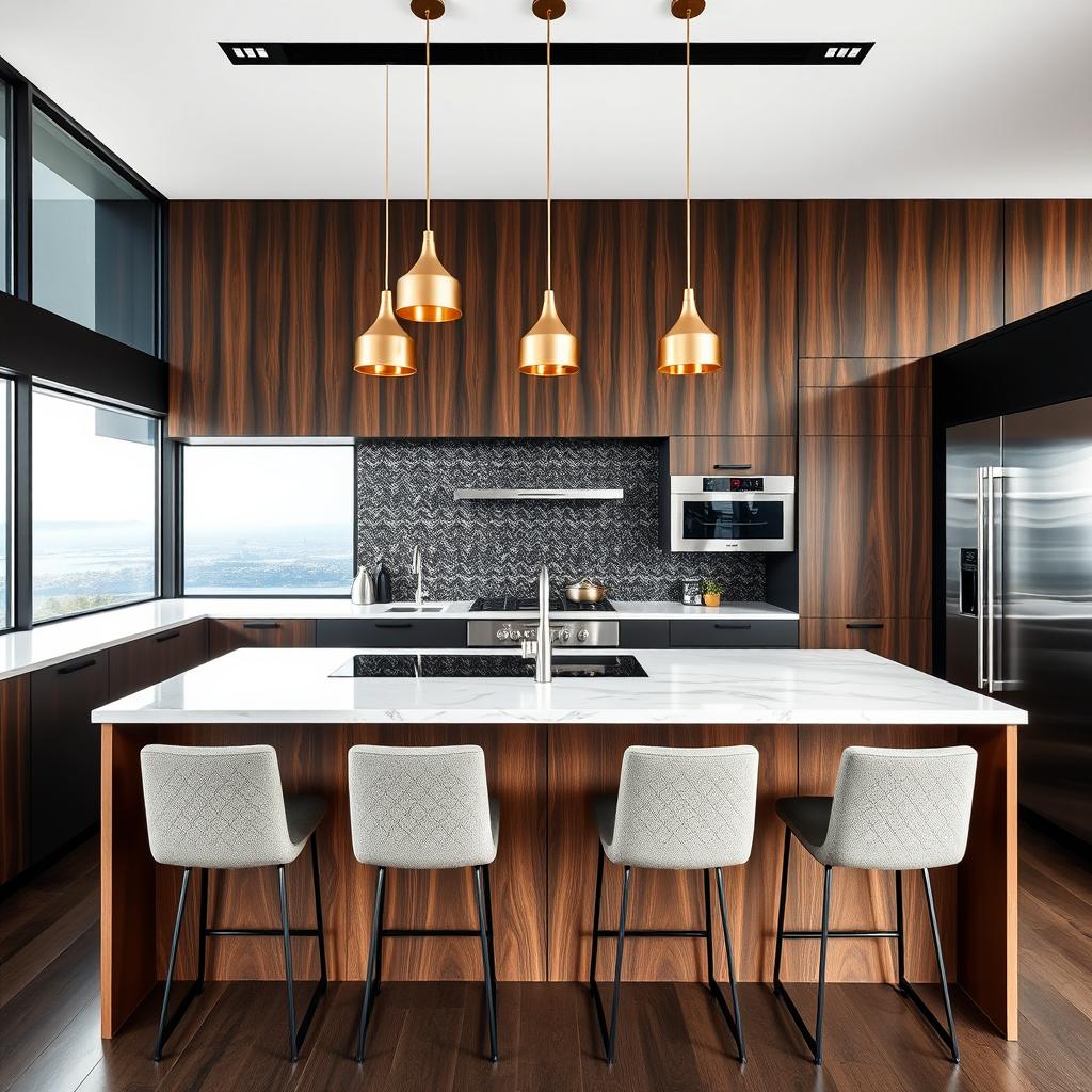 A modern kitchen interior featuring a stunning kitchen island with pelikano wood paneling in the rich Nazca finish