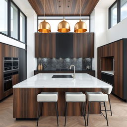 A modern kitchen interior featuring a stunning kitchen island with pelikano wood paneling in the rich Nazca finish