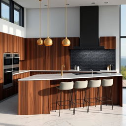 A modern kitchen interior featuring a stunning kitchen island with pelikano wood paneling in the rich Nazca finish