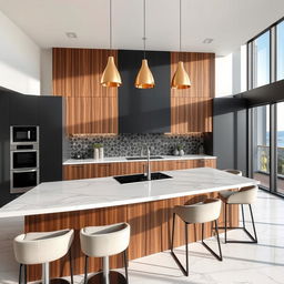 A modern kitchen interior featuring a stunning kitchen island with pelikano wood paneling in the rich Nazca finish