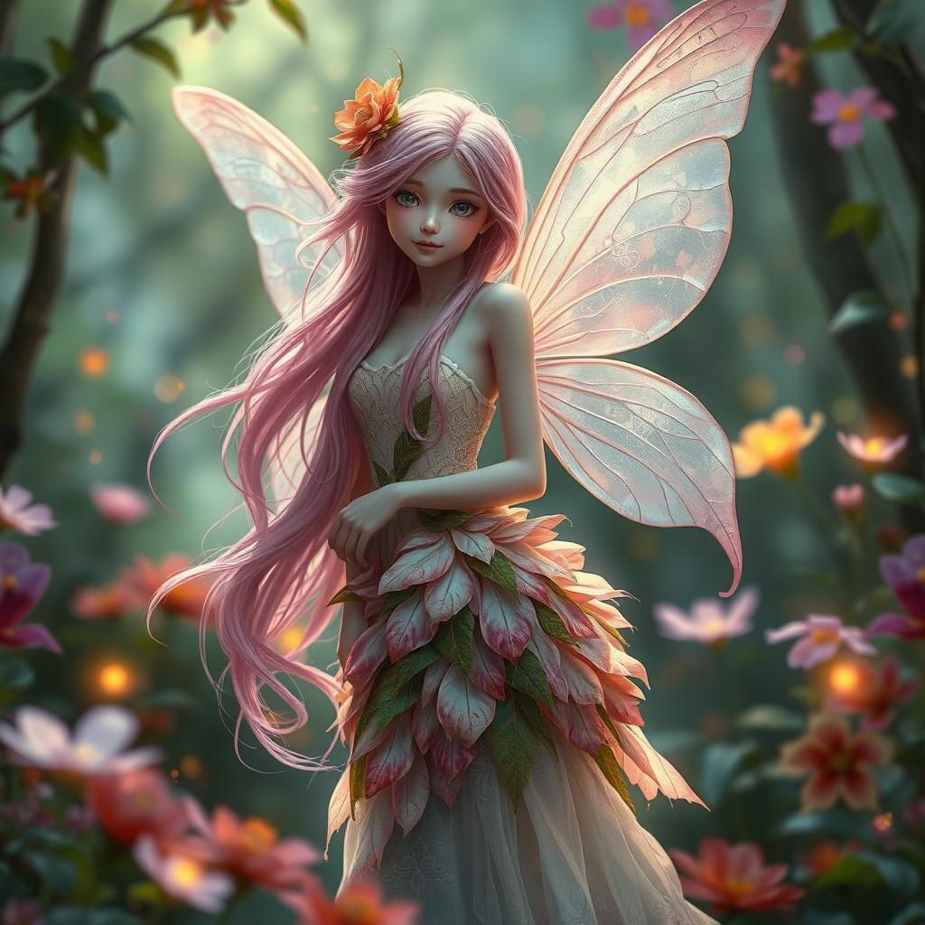 A traditional female fairy with long-flowing pink hair and delicate, translucent wings