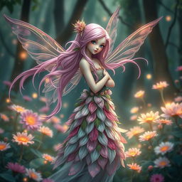 A traditional female fairy with long-flowing pink hair and delicate, translucent wings