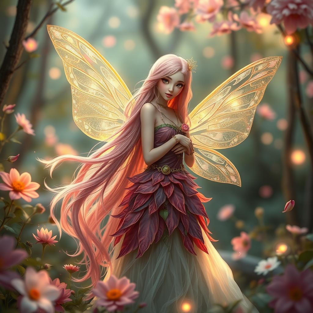 A traditional female fairy with long-flowing pink hair and delicate, translucent wings