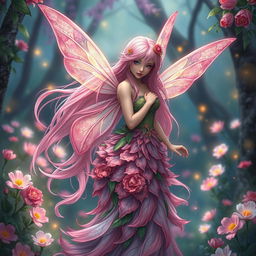 A traditional female fairy with long-flowing pink hair and delicate, translucent wings