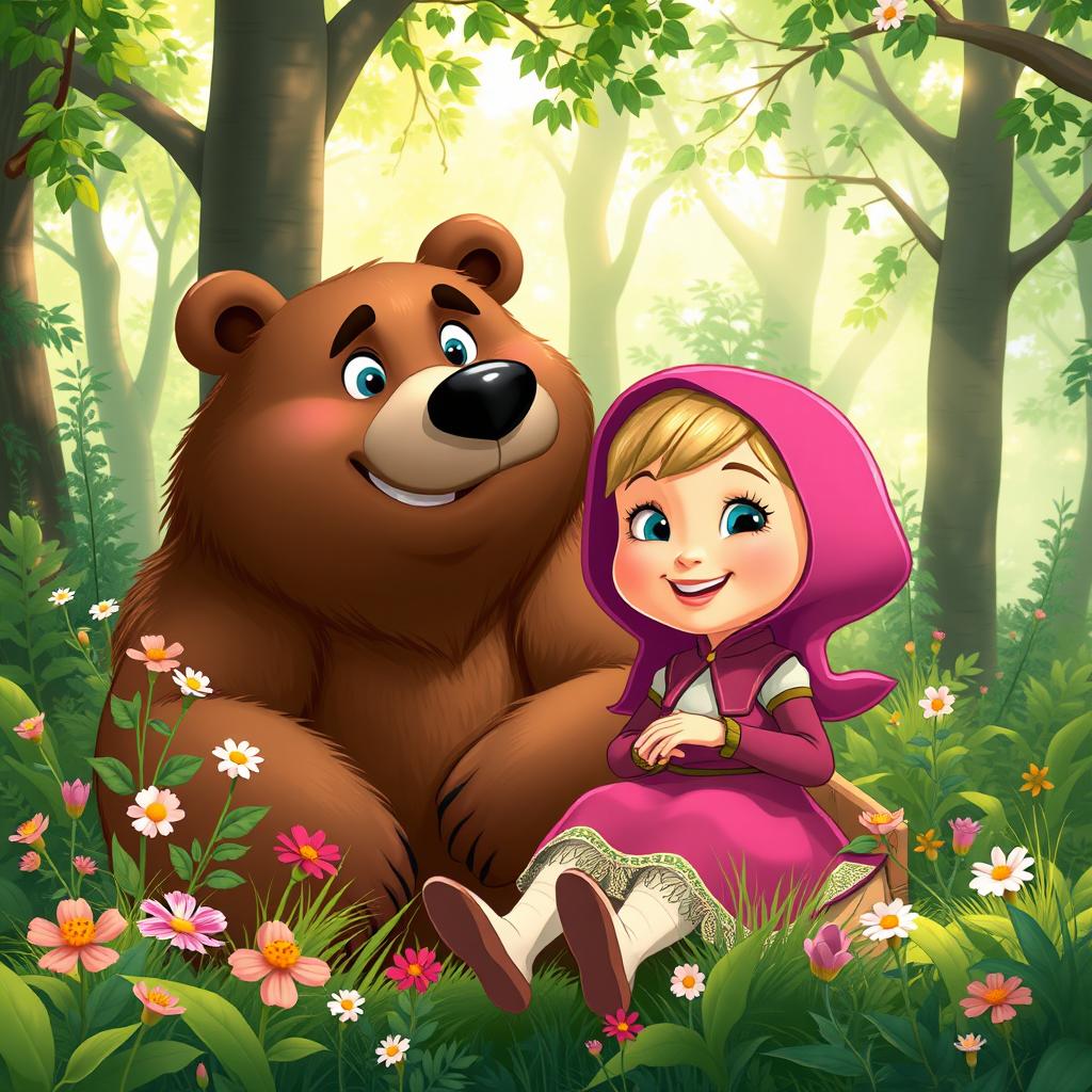 A whimsical scene featuring an adult cartoon-style woman named Masha, interacting playfully with a large, friendly bear in a lush forest setting