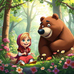 A whimsical scene featuring an adult cartoon-style woman named Masha, interacting playfully with a large, friendly bear in a lush forest setting