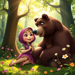 A whimsical scene featuring an adult cartoon-style woman named Masha, interacting playfully with a large, friendly bear in a lush forest setting