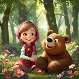 A whimsical scene featuring an adult cartoon-style woman named Masha, interacting playfully with a large, friendly bear in a lush forest setting