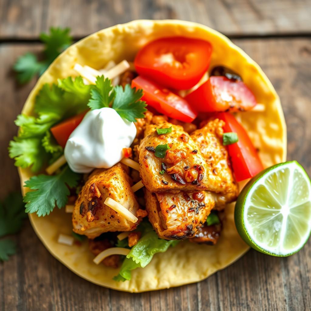 A delicious and colorful close-up of a freshly made taco, showcasing a crisp corn tortilla filled with seasoned grilled chicken, fresh lettuce, ripe red tomatoes, shredded cheese, and a dollop of creamy sour cream