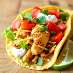 A delicious and colorful close-up of a freshly made taco, showcasing a crisp corn tortilla filled with seasoned grilled chicken, fresh lettuce, ripe red tomatoes, shredded cheese, and a dollop of creamy sour cream