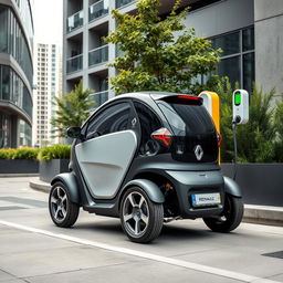 A Renault Twizy connected to an electric charging station in a modern city environment