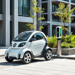 A Renault Twizy connected to an electric charging station in a modern city environment