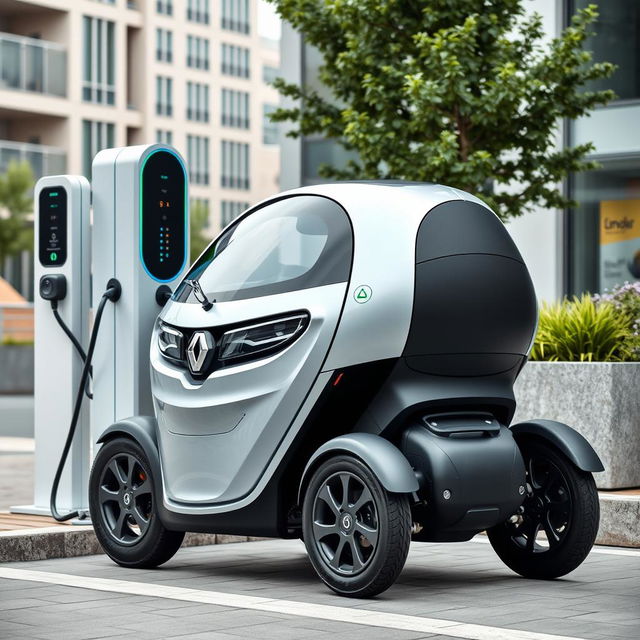 A Renault Twizy connected to an electric charging station in a modern city environment