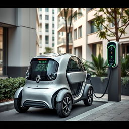 A Renault Twizy connected to an electric charging station in a modern city environment