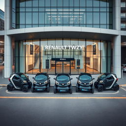 Aerial view capturing five Renault Twizy vehicles neatly parked in front of a stylish, modern transit station