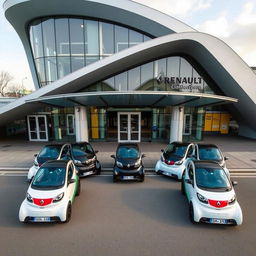 Aerial view capturing five Renault Twizy vehicles neatly parked in front of a stylish, modern transit station