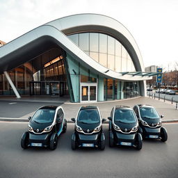 Aerial view capturing five Renault Twizy vehicles neatly parked in front of a stylish, modern transit station