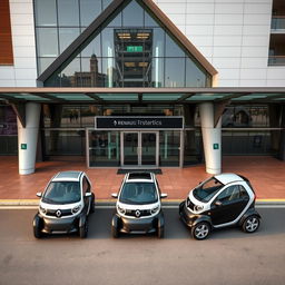 Aerial view capturing five Renault Twizy vehicles neatly parked in front of a stylish, modern transit station