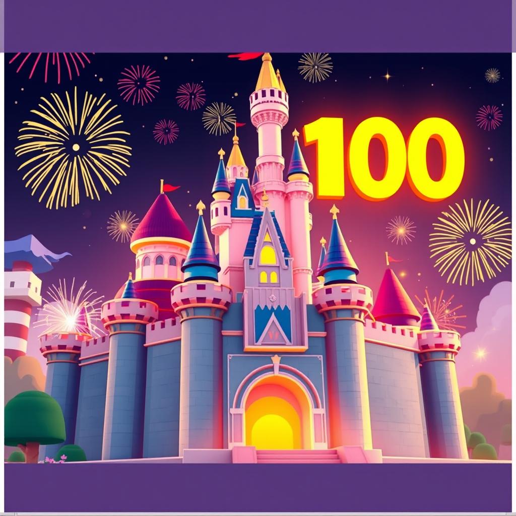 A fantastical digital illustration of a Roblox-inspired version of the iconic Disney castle, celebrating Disney's 100th anniversary